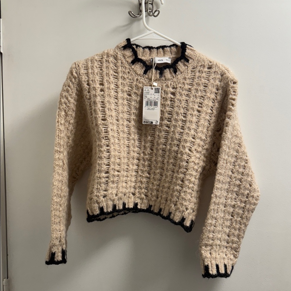Mango Women'sContraste trim Sweater - Beige and Black Sz XS